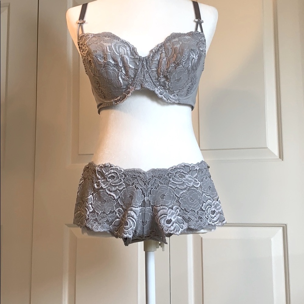 Lace bra and boy short Lingerie set (silver-gray)